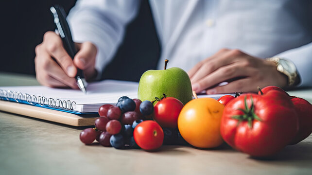 A Nutritionist Doctor In A White Coat Writes Out Prescriptions. Close-up, Hands, Recipe, Fruit.