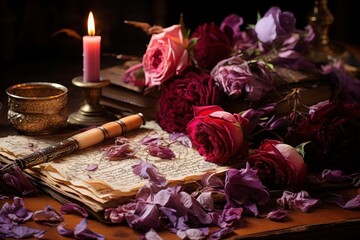 Antique writing utensils, candlelight and roses on a dark wooden table