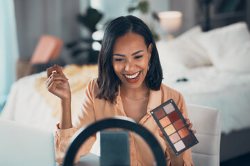 Influencer recording makeup tutorial with phone, vlogging with beauty cosmetics and streaming a skincare routine at home. Entrepreneur, female blogger or happy woman making video for social media - obrazy, fototapety, plakaty