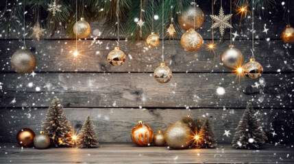Christmas decorations in the form of balloons, garlands, tree branches and lanterns on a wooden background - Powered by Adobe