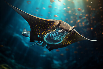 Graceful manta ray swims easily in the depths