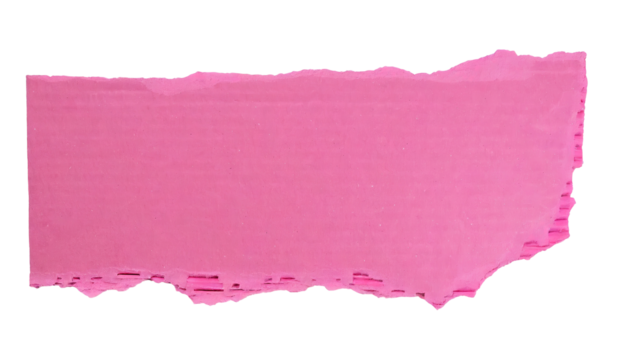pink torn blank note paper strip, top view from above on white or transparent background