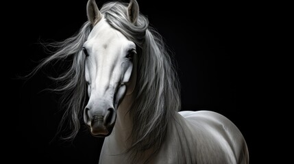  a white horse with long hair standing in front of a black background and looking at the camera with a serious look on its face.  generative ai - obrazy, fototapety, plakaty