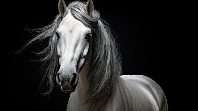  a white horse with long hair standing in front of a black background and looking at the camera with a serious look on its face.  generative ai