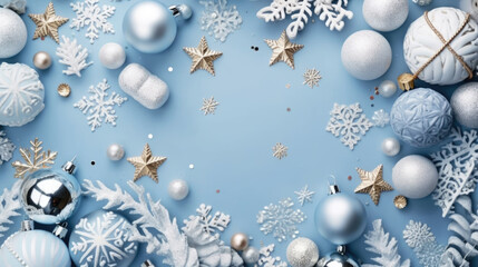 Gift boxes with christmas decorations on a blue background. Top view. Flat lay.