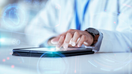 Scientist hand, tablet and hologram in laboratory with typing, chart data and 3d overlay for pharma...
