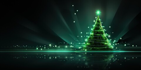 Neon Christmas tree with green lights on dark background