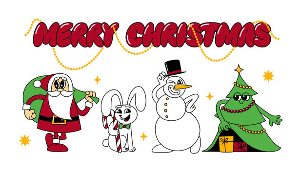 Merry Christmas Groovy Funny Characters. Santa Claus, Rabbit, Snowman and Funky Christmas Tree in Vector Comic Cartoon Style. Retro Style Stickers for New Year Greetings