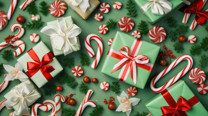 Gift boxes with christmas decorations on a blue background. Top view. Flat lay.