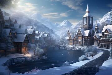 A tranquil riverside village, frozen in the enchantment of winter.