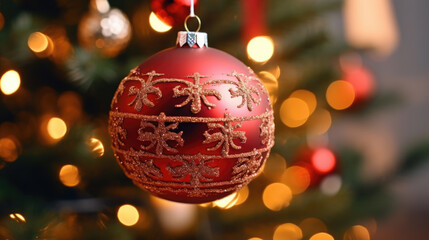 Fototapeta premium Christmas and New years eve background. Close up of a beautiful ball on decorated Christmas tree with blurred lights in background.