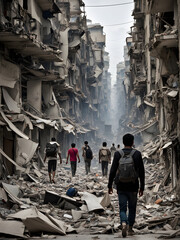 Resilient Displaced People Navigating War-Torn City Amidst Destruction. generative AI