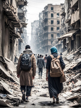 Resilient Displaced People Navigating War-Torn City Amidst Destruction. generative AI