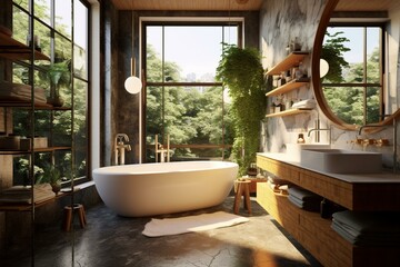 A bathroom featuring a bathtub, sink, and large window. Generative AI
