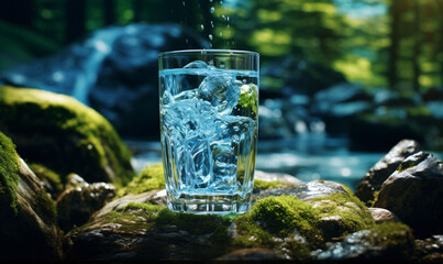 Pure, healthy spring water flows into the glass. Healthcare and beauty hydration concept. digital Ai