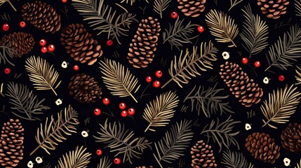 Naklejka premium a pattern of pine cones, berries, and leaves on a black background with a red berry on the left side of the image. generative ai