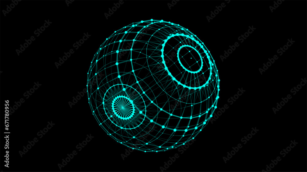 Poster Abstract blue sphere with connecting dots and lines. Wireframe technology sphere. Big data visualization. Vector illustration.