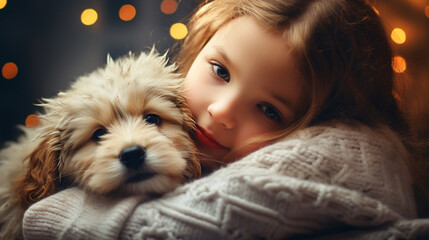 .A cute girl in a knitted sweater hugs a little puppy. against the background of Christmas lights. Friendship between children and animals. Christmas coziness concept, hygge..