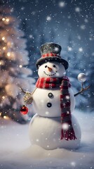 Fototapeta premium Intricate Detailed Adorable Christmas Snowman - Photorealistic Digital Art with Winter Backlighting
