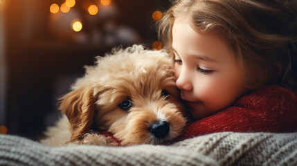 .A cute girl in a knitted sweater hugs a little puppy. against the background of Christmas lights. Friendship between children and animals.