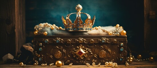 Vintage filtered image of a regal crown above a golden chest portraying a beautiful queen or king in a fantasy medieval era