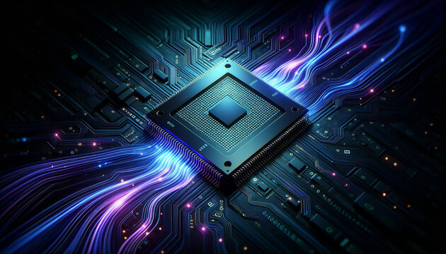 Overhead view of a futuristic computer chip set against a dark background, illuminated by neon blue and purple lights, with swirling patterns of binary code