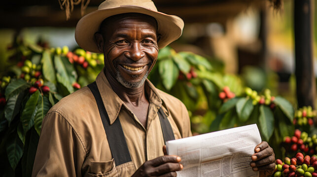 Kenyan Farmer Shows Fair-trade Certificate By Coffee Plants.