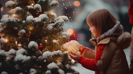 Little girl walk along a street decorated with Christmas decorations.Concept for celebrating Christmas and New Year holidays.