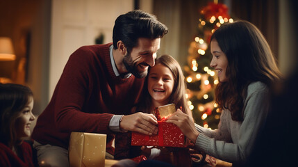 family celebrates christmas and exchanges gifts.Dad and children  give presents to each other the room with garlands. Christmas and New Year celebration concept. - obrazy, fototapety, plakaty