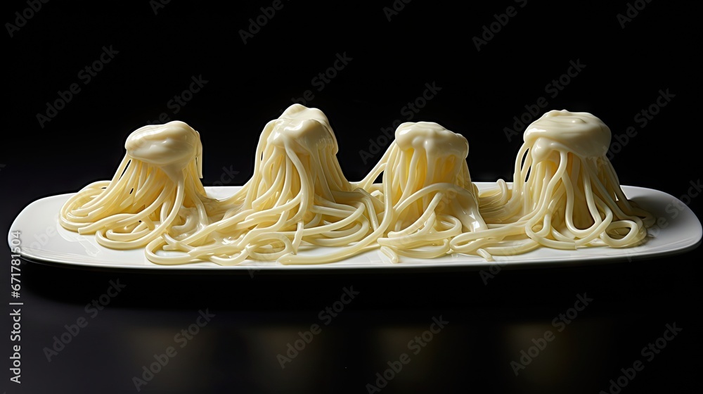 Sticker  a white plate topped with pasta covered in white sauce on top of a black table next to a black wall.  generative ai