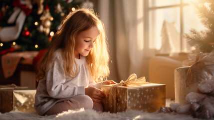 A little girl in a room decorated with Christmas decorations holds a gift box from Santa Claus. The concept of celebrating Christmas and New Year holidays.