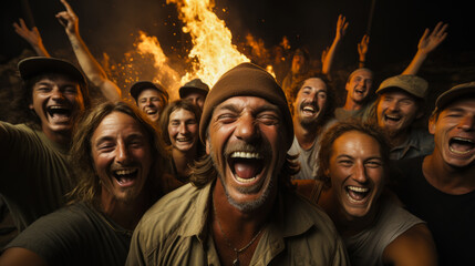 Cheerful farmers celebrating harvest around bonfire. - obrazy, fototapety, plakaty