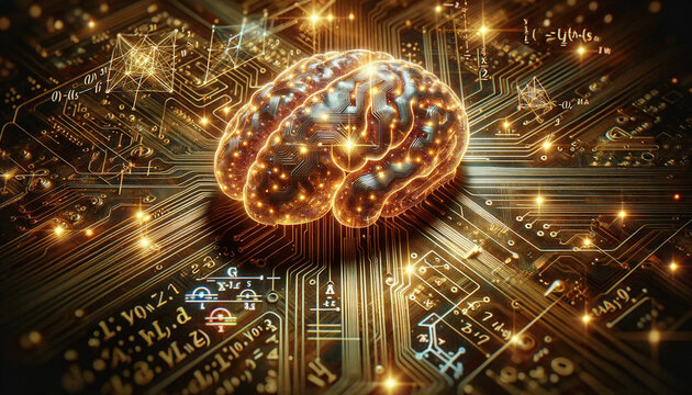 Close-up perspective of an electronic brain circuit with a golden hue and holographic mathematical symbols