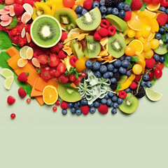Sweet tropical fruits and mixed berries on green background. Featuring watermelon, banana,...