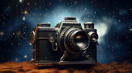 old camera looking at the stars, incorporate elements of vintage photography, to mimic the look of older photographs.