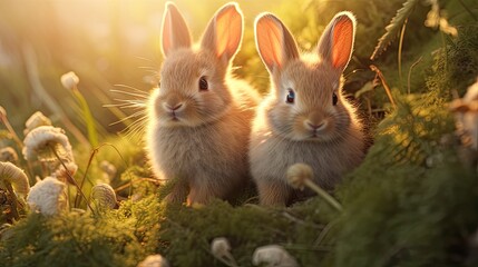 rabbits in the meadow close up with natural light