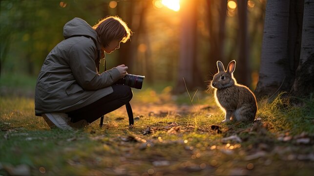 rabbits in the meadow close-up during photography and video filming with a camera