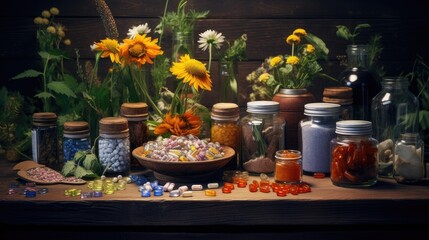 arranged colorful medicines and pills imitation of a natural or everyday scene.