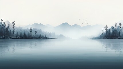  a large body of water with a forest on the side of it and birds flying in the sky above it.  generative ai