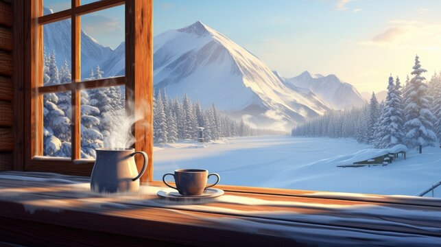  a painting of a snowy mountain outside of a window with a cup of coffee and a mug on the window sill.  generative ai