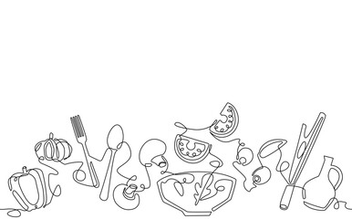 Salad preparation process. Background with food and utensils. Kitchen vector illustration. Horizontal pattern in continuous line drawing style on culinary theme.