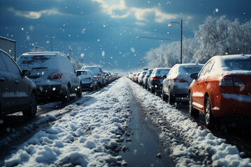 snow covered cars on the road in snowfall in winter - obrazy, fototapety, plakaty