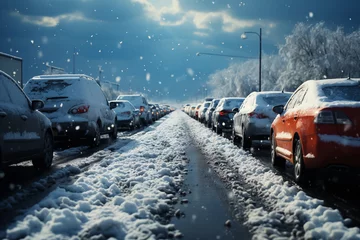 Fotobehang snow covered cars on the road in snowfall in winter © Наталья Добровольска