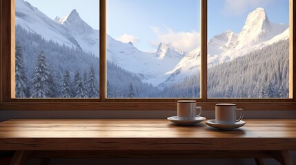  two cups and saucers sit on a wooden table in front of a window overlooking a mountain range with snow covered mountains.  generative ai