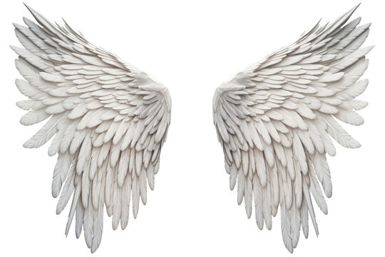 realistic angel wings. White wing, isolated on a transparent background. PNG, cutout, or clipping path.
