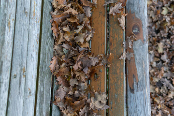 A wooden bench covered with autumnal fallen leaves. Symbol of autumn. 