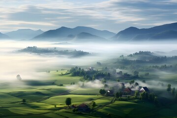A tranquil morning fog rolling over a peaceful countryside.
