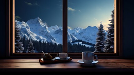  two cups of coffee sit on a table in front of a window with a view of a snowy mountain range.  generative ai