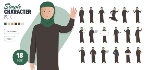 Simple flat Saudi Muslim female vector character in a set of multiple poses. Easy to edit and isolated on a white background. Modern trendy style character mega pack with lots of poses.