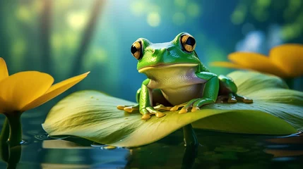 Deurstickers Green frog on lotus © Sumeta